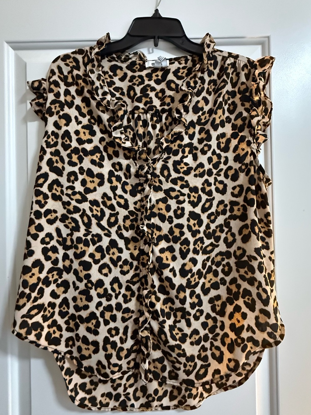 DKNY Leopard Print Ruffle Blouse XL Flutter Sleeve Top